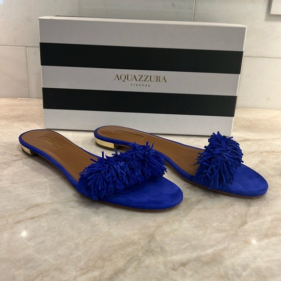 Aquazzura Shoes - Aquazzura Blue Suede Fringe Slide Sandals